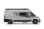 Carado campervan in side view, silver-grey, with sliding door, side window and awning