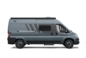 Side view of a grey Carado camper van with sliding door, side window and awning