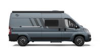 Side view of a grey Carado camper van with sliding door, side window and awning