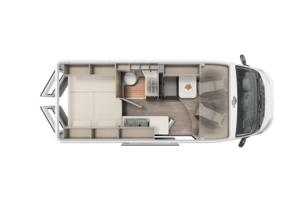 Carado motorhome layout with double bed, bathroom, kitchen and dinette, seen from above