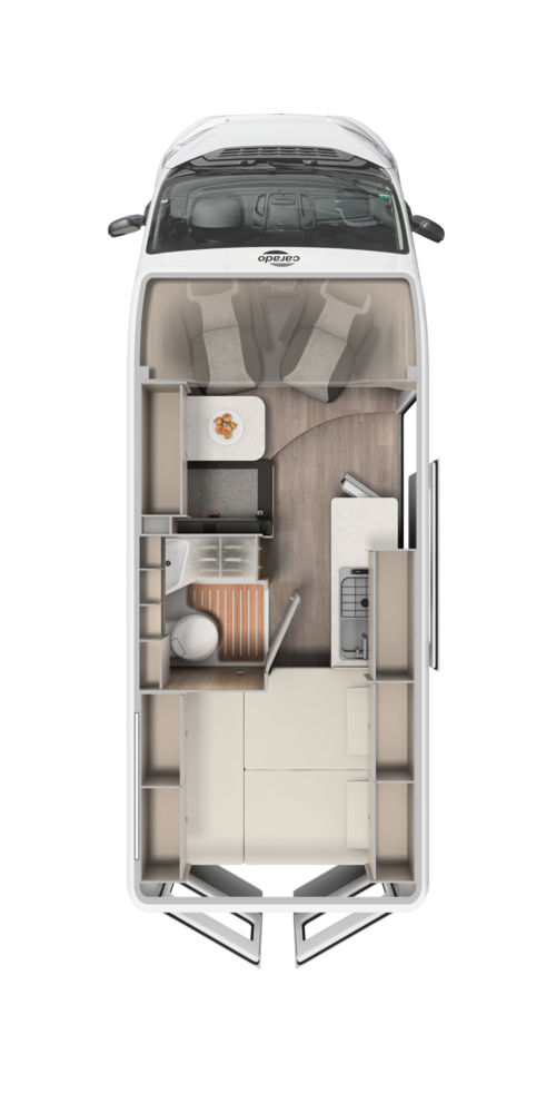 Carado motorhome layout with double bed, bathroom, kitchen and dinette, seen from above