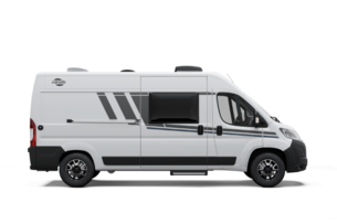 Carado motorhome as a camper van in side view, white, with sliding door, side window and entry step
