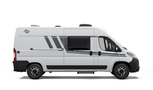 Carado motorhome as a camper van in side view, white, with sliding door, side window and entry step