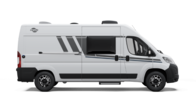 Carado motorhome as a camper van in side view, white, with sliding door, side window and entry step
