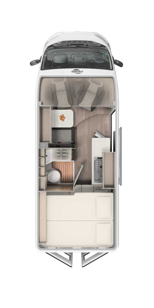 Indeling van de Carado camper van bovenaf, met tweepersoonsbed, badkamer, keuken en zithoek