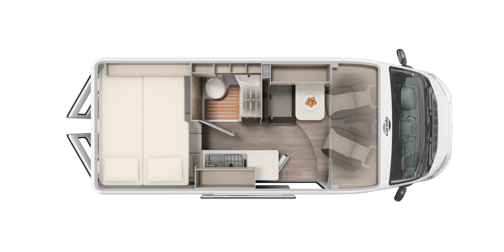 Indeling van de Carado camper van bovenaf, met tweepersoonsbed, badkamer, keuken en zithoek