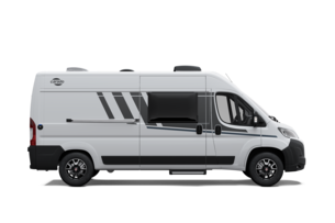 White Carado camper van, side view with sliding door, side window and graphic decals