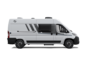 White Carado camper van, side view with sliding door, side window and graphic decals