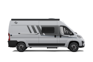 Carado motorhome camper van in side view, silver panel van with sliding door, side window and awning