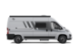 Carado motorhome camper van in side view, silver panel van with sliding door, side window and awning