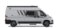 Carado camper van in side view, white with sliding door, side window and decorative stripe