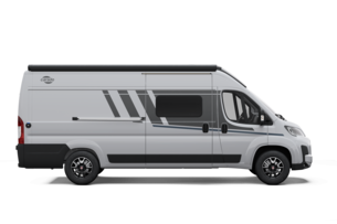 White Carado camper van, side view with sliding door, side window and awning on a black background