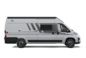 White Carado camper van, side view with sliding door, side window and awning on a black background