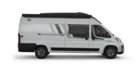Carado motorhome as a white camper van in side view with pop-top roof and sliding door