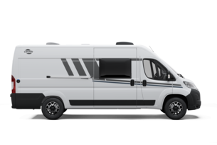 White side view of a Carado camper van with sliding door, side window and awning