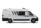 White side view of a Carado camper van with sliding door, side window and awning