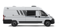 White side view of a Carado camper van with sliding door, side window and awning