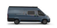Blue Carado camper van in side view with sliding door, side window and awning