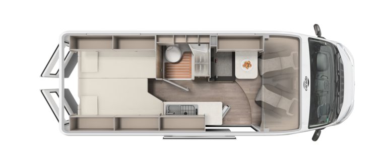 Plattegrond van de Carado camper met achterbed, badkamer, keuken en zitgroep van bovenaf