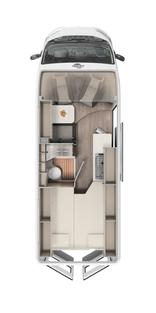 Plattegrond van de Carado camper met achterbed, badkamer, keuken en zitgroep van bovenaf