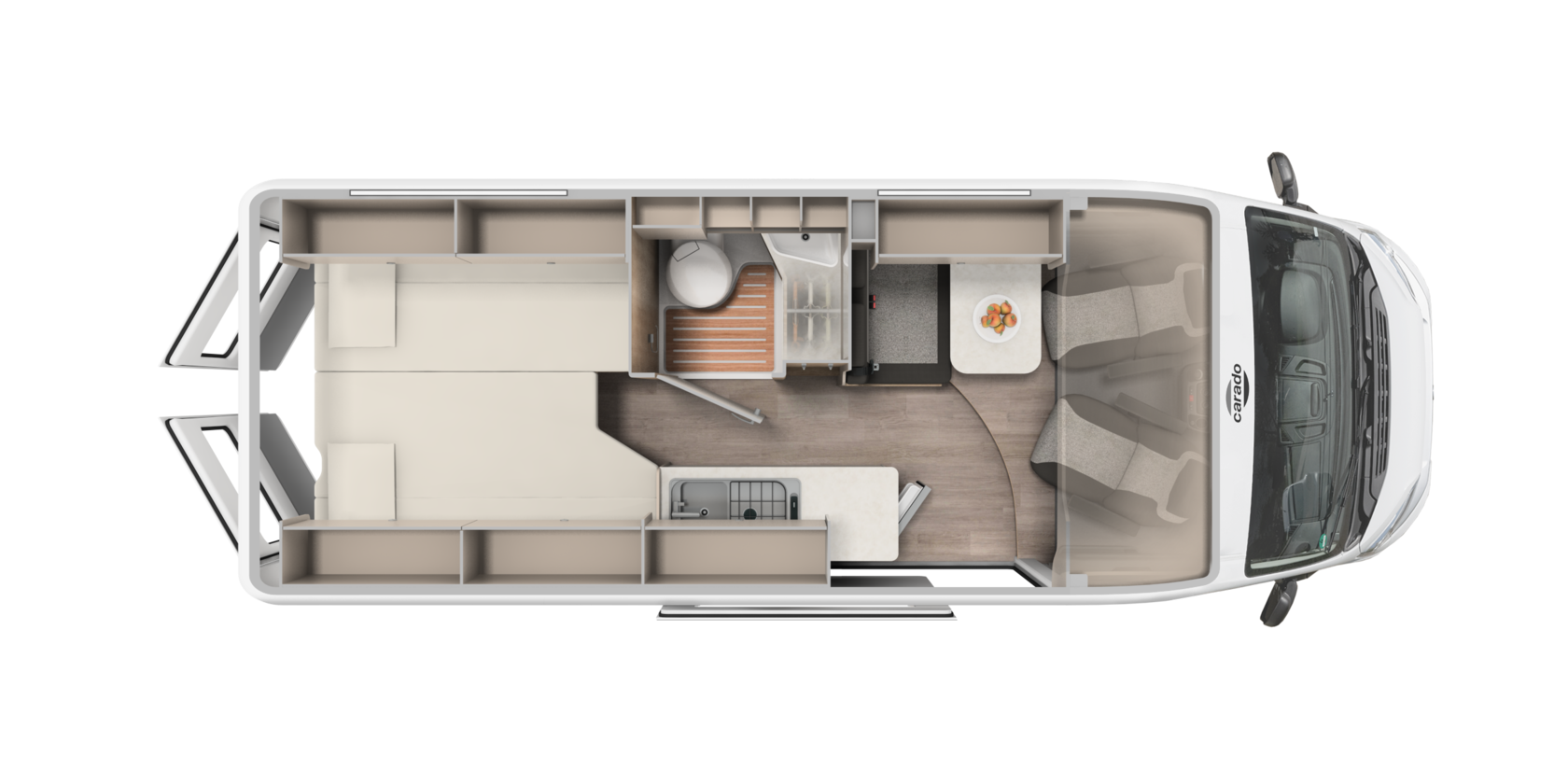 Plattegrond van de Carado camper met achterbed, badkamer, keuken en zitgroep van bovenaf
