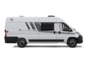 White Carado camper van seen from the side, with sliding door, side window and black decorative stripes