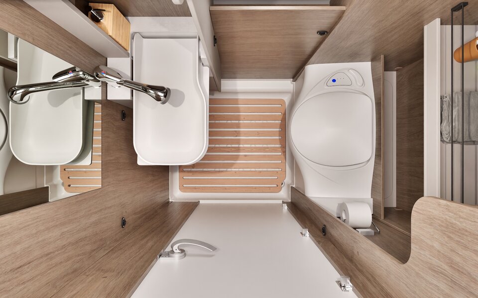 Carado motorhome bathroom with sink, toilet and shower area