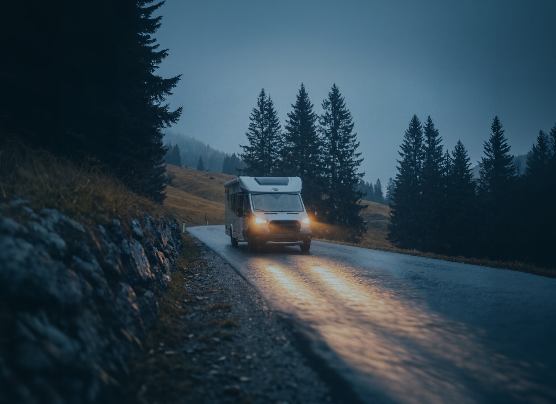 Carado motorhome on a wet mountain road at dusk, front view with the lights on between fir trees