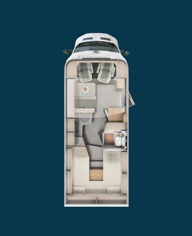 Carado motorhome floor plan with seating area, kitchen, bathroom and rear bed, top view