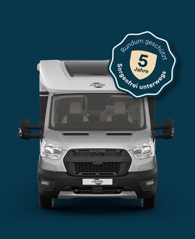 Carado motorhome, front view against a blue background with the seal “5 years of all-round protection”