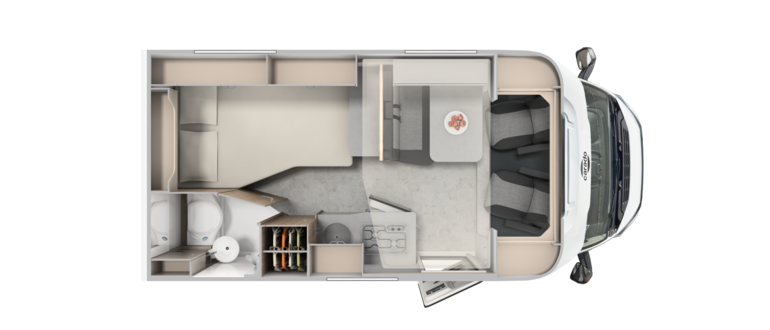 Top view of a Carado motorhome floor plan with rear bed, dinette, kitchen and bathroom
