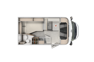 Top view of a Carado motorhome floor plan with rear bed, dinette, kitchen and bathroom