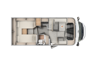 Carado motorhome floor plan with single beds, dinette, kitchen and bathroom, top view