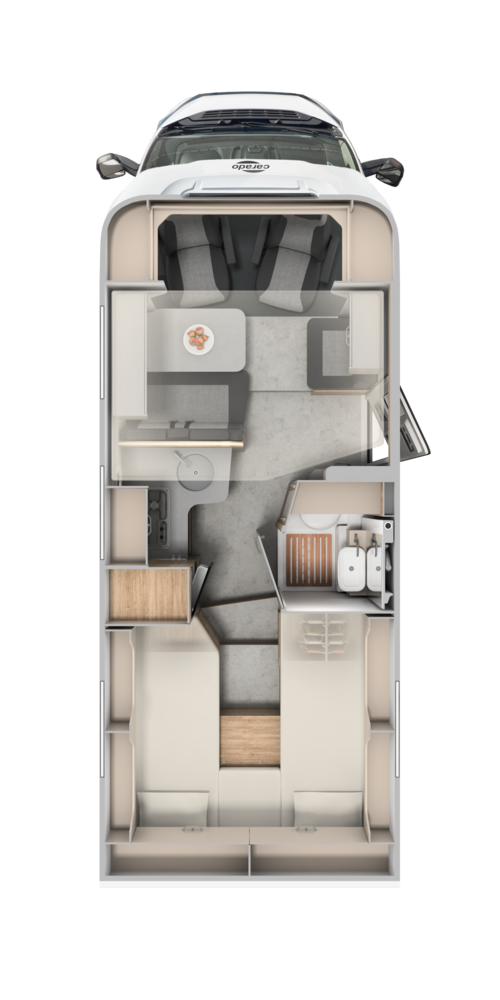 Carado motorhome floor plan with single beds, dinette, kitchen and bathroom, top view