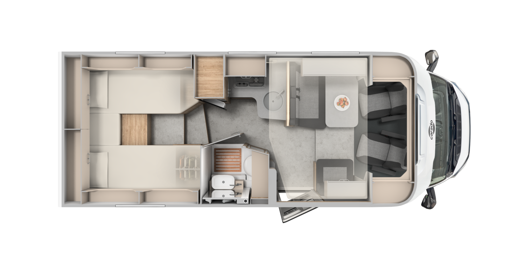 Carado motorhome floor plan with single beds, dinette, kitchen and bathroom, top view