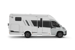 Carado motorhome in side view, white semi-integrated motorhome isolated on a transparent background