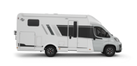 Carado motorhome in side view, white semi-integrated motorhome isolated on a transparent background