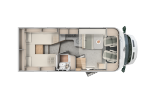 Carado motorhome layout with rear bed, seating area, kitchen and bathroom, viewed from above