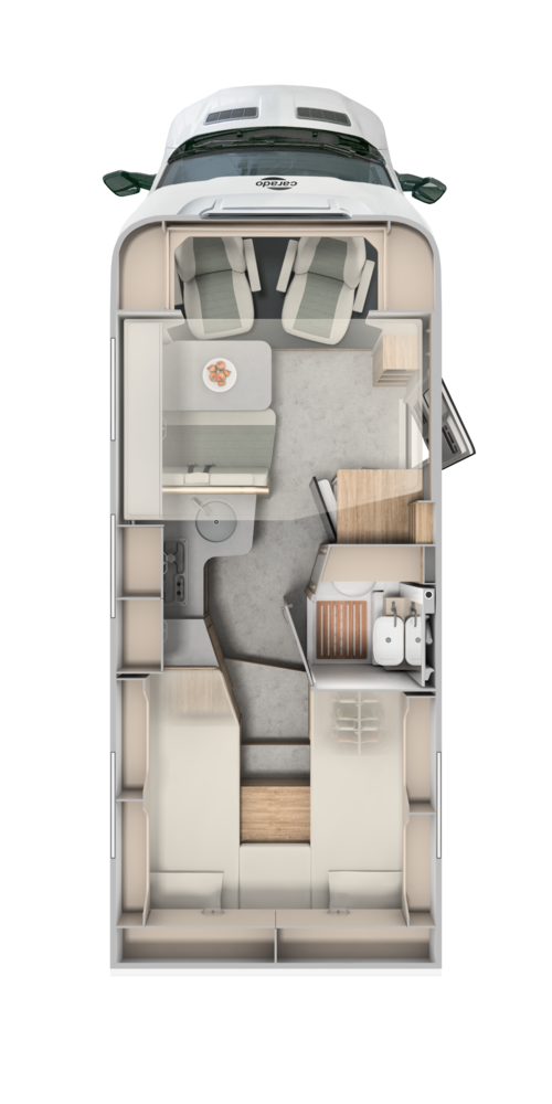 Carado motorhome layout with rear bed, seating area, kitchen and bathroom, viewed from above