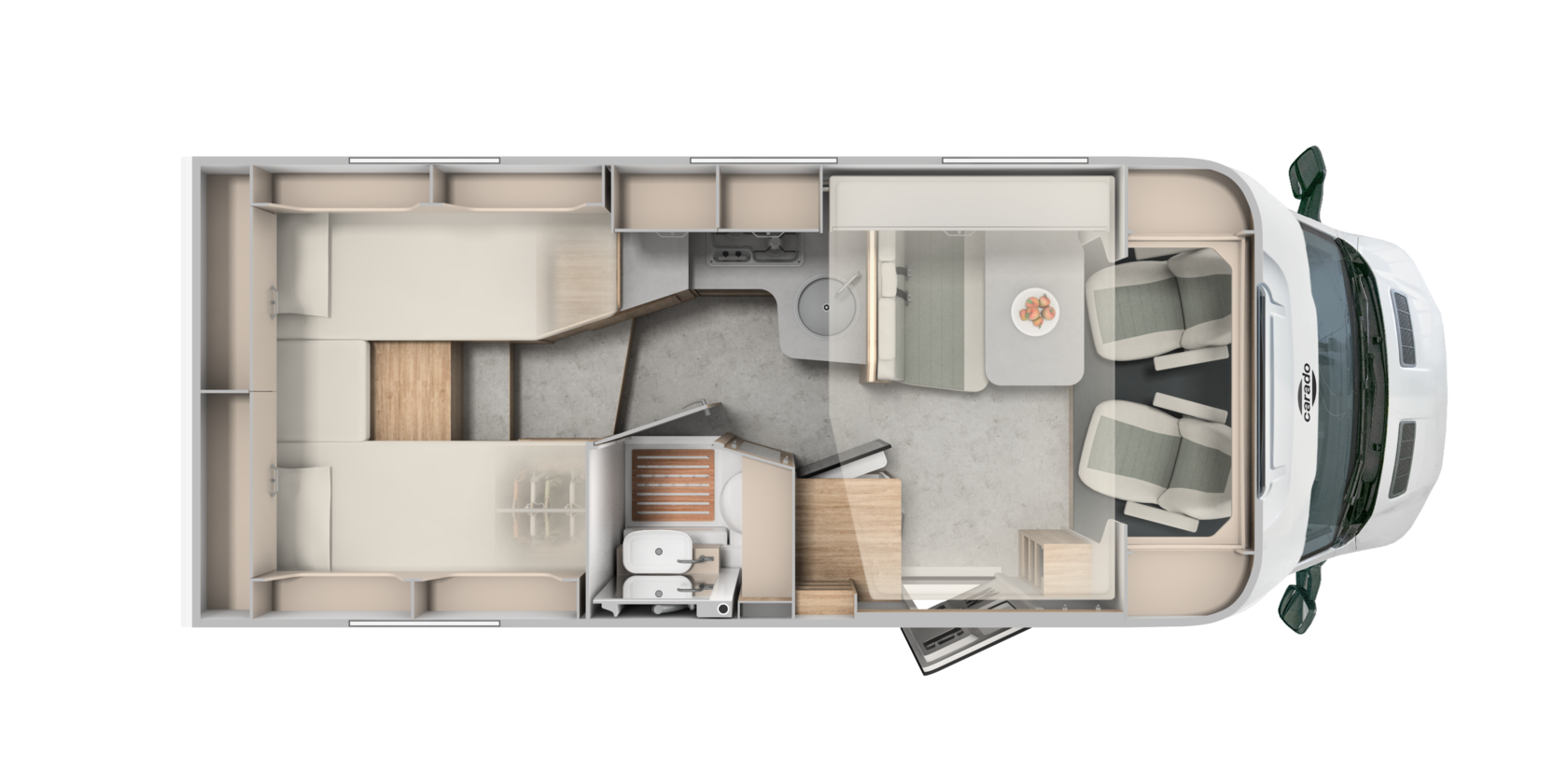 Carado motorhome layout with rear bed, seating area, kitchen and bathroom, viewed from above