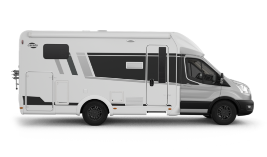 Carado motorhome in side view: a white semi-integrated motorhome with entrance door and windows