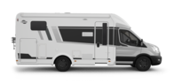 Carado motorhome in side view: a white semi-integrated motorhome with entrance door and windows