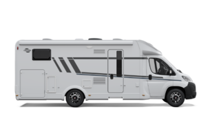 Side view of a white Carado motorhome with entrance door, windows and grey decorative stripes
