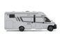 Side view of a white Carado motorhome with entrance door, windows and grey decorative stripes