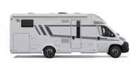 Side view of a white Carado motorhome with entrance door, windows and grey decorative stripes