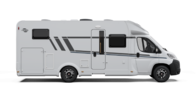 White side view of a Carado motorhome with entry door, windows and decorative striping on a cut-out background