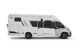 Carado motorhome in side view, white semi-integrated motorhome isolated