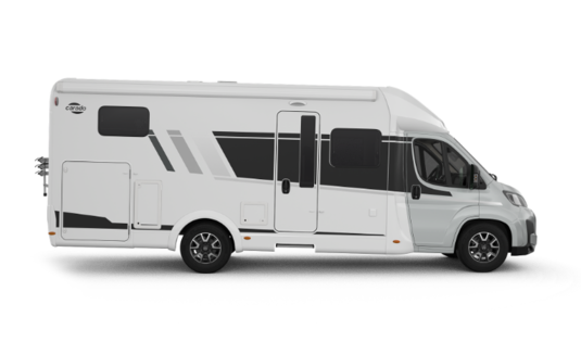 Carado motorhome in side view, white semi-integrated motorhome isolated