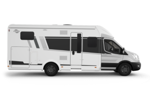 Carado motorhome, side view of a semi-integrated motorhome on a white background