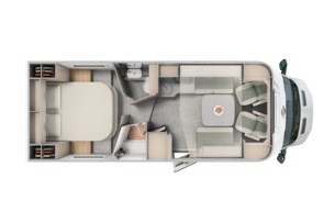 Carado motorhome floor plan with queen bed, bathroom, kitchen and seating area seen from above